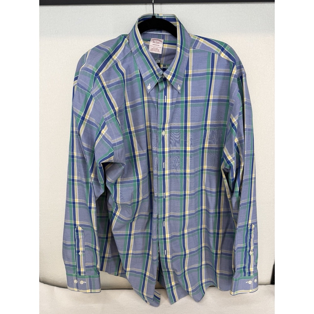 Brooks Brothers Men's Madison Blue Plaid Long Sleeve Button Down Shirt Size L